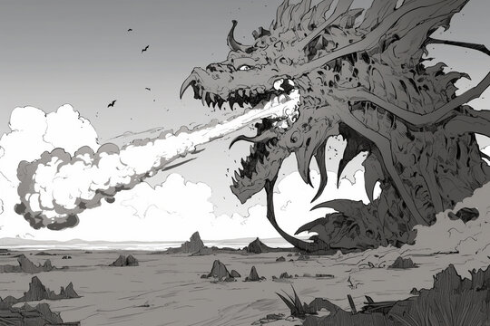Monster Breathing Fire Over a Desolate Landscape &ndash; A Terrifying Display of Mythical Power, Capturing the Essence of Fear and Awe in a Dynamic Scene