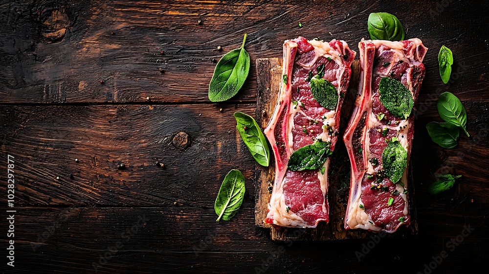 Poster raw meat mutton lamb rack with fresh herbs on a wooden background copy space top view : generative a