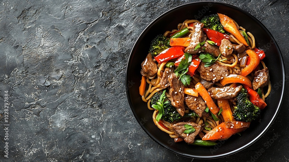 Poster stir fry noodles with vegetables and beef in black bowl slate background close up : generative ai