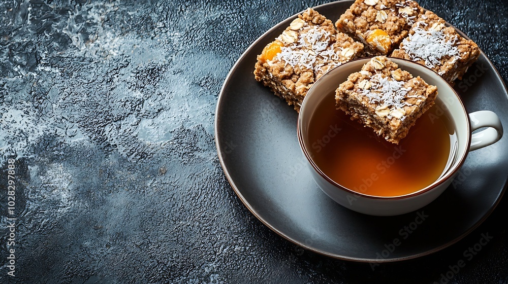 Poster oat coconut apricot bars and white chocolate with cup of tea grey background copy space top view : g