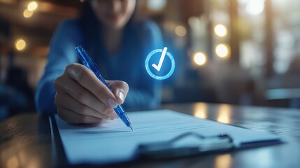 Businessman writing or tick correct mark to approve document and project concept.