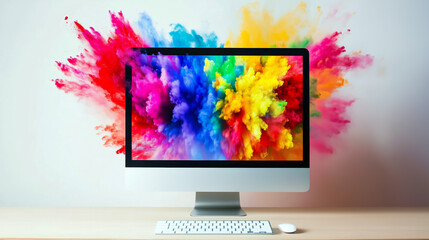 Colorful bright curved computer screen with color explosion