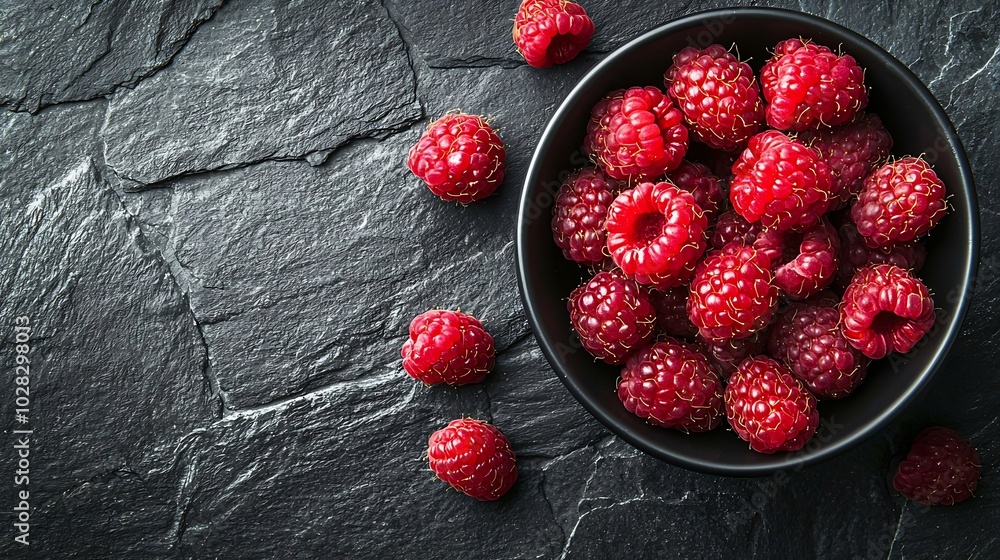 Poster fresh raspberries on a black bowl stone background top view : generative ai