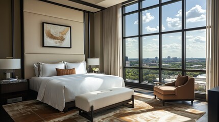 A luxury contemporary bedroom in a hotel with elegant furniture, wooden floors, soft lighting, and modern decor featuring a large bed, window, lamp, and cozy seating