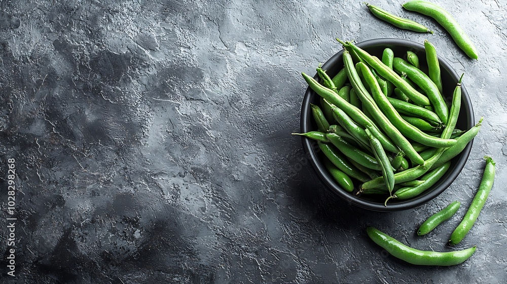 Poster green beans on grey stone background copy space : generative ai