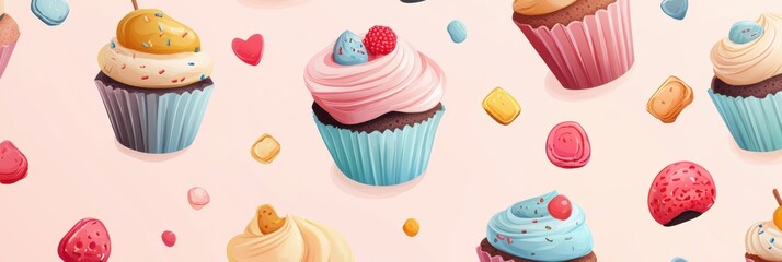Colorful Cupcake and Sweet Pattern, vibrant flat illustration of delightful desserts on a soft pastel backdrop, playful and inviting design