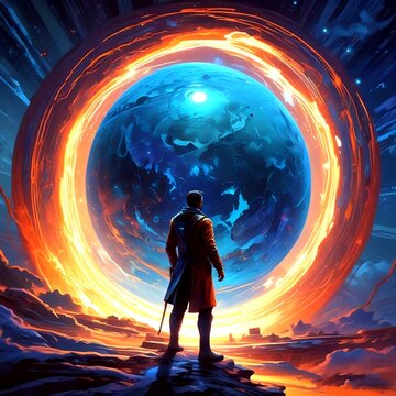 Timetraveler standing in front of large shiny portal.