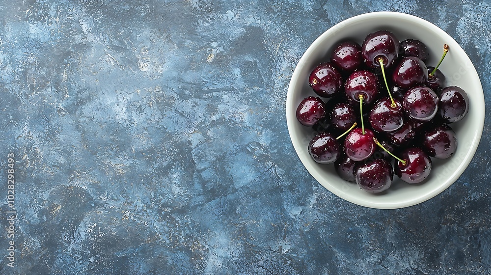 Poster fresh ripe black cherries in a white bowl on a blue stone background copy space top view : generativ
