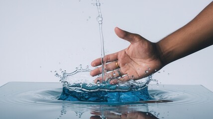 Fototapeta premium Close-Up of Hand Making Contact with Water Puddle