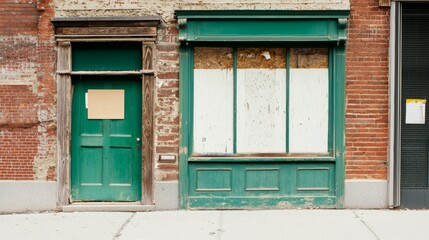 Fototapeta premium A Solemn Scene of Shuttered Small Businesses Reflecting Economic Hardship in an Urban Setting During a Crisis, Showing Eerie Silence and Abandoned Storefronts