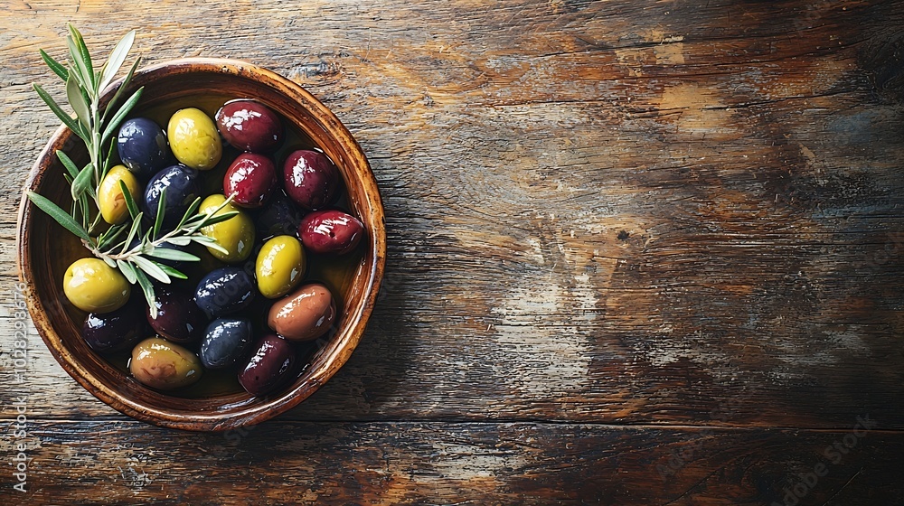 Poster assortment of fresh olives on a plate with olive tree brunches wooden background close up copy space