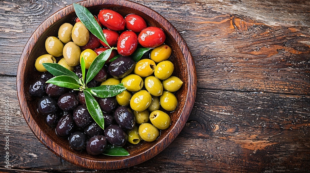 Poster assortment of fresh olives on a plate wooden background close up top view : generative ai