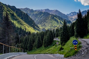 Eco-trail on Medeo overlooking the Tien Shan Mountains, Kazakhstan, Almaty. Summer, sunny
