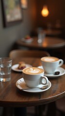Flat Whites in a Cozy Cafe: Steaming Coffee Cups on a Rustic Wooden Table, Surrounded by Warm Lighting, Soft Ambiance, and Casual Conversations, Perfect for a Relaxed Coffee Break