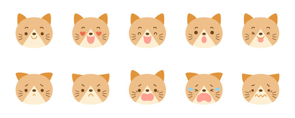 Cute cat face icon set with various facial expressions.