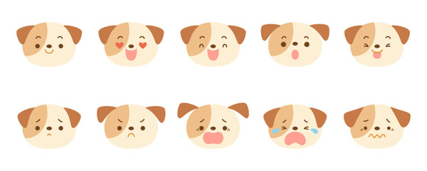 Cute dog face icon set with various facial expressions.