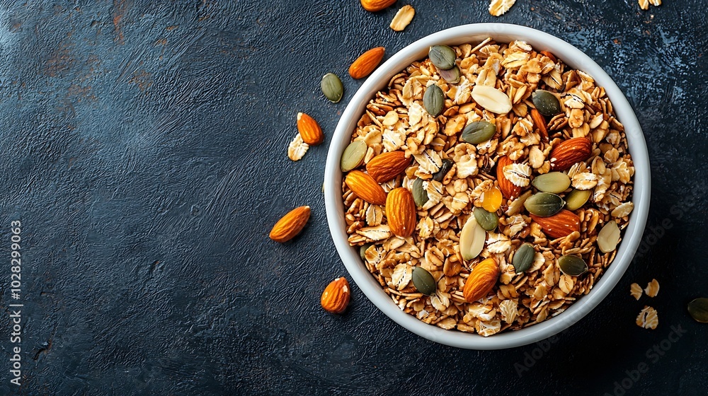 Poster healthy breakfast fresh granola muesli with pumpkin seedspecan nuts and maple syrup in white bowl to