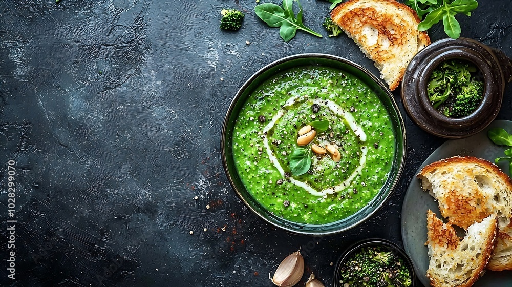 Aufkleber broccoli cream soup in a bowl with toasted bread top view : generative ai