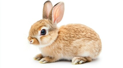 Obraz premium A cute brown bunny rabbit with white fur on its chest and belly sits facing left on a white background.