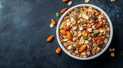 Fototapeta premium Healthy breakfast Fresh granola muesli with pumpkin seedspecan nuts and maple syrup in white bowl Top view Copy space : Generative AI