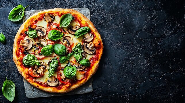 Healthy vegetables and mushrooms vegetarian pizza on napkin : Generative AI