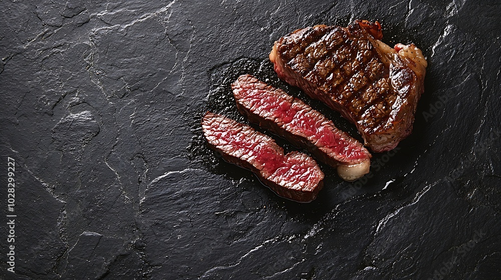 Poster beef steak on grill surface copy space grey stone background : generative ai