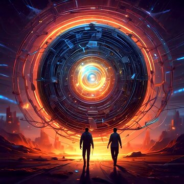 Timetraveler standing in front of large shiny portal.