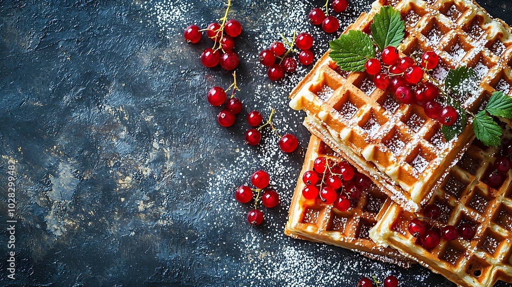 Aufkleber belgian waffles with fresh red currant berries grey background copy space top view : generative ai