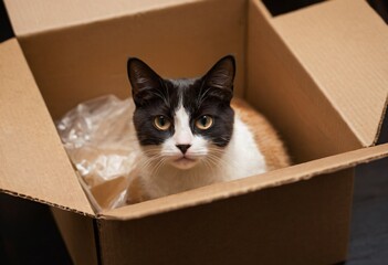 A cat in a tiny cardboard box, looking puzzled. Ai generated image.