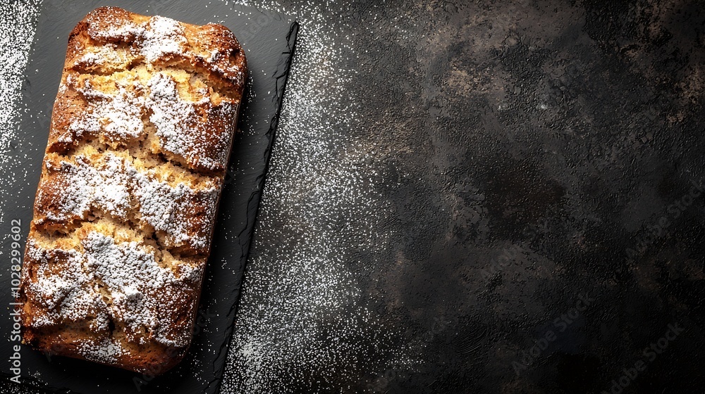 Poster banana coconut bread cake on slate board dark stone background close up : generative ai