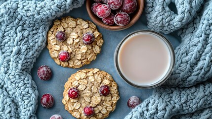 Fototapeta premium Pumpkin oat cookies with cranberries maple glaze and glass of milk on a blue textile background Copy space Top view : Generative AI