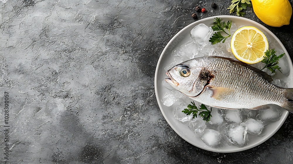 Poster dorado raw fish on a plate with ice and lemon black stone background top view : generative ai