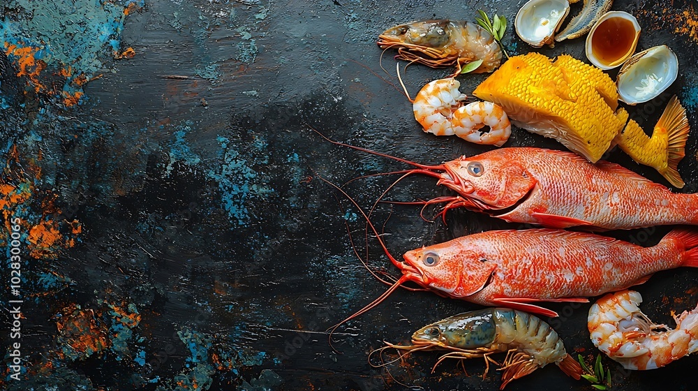 Poster fresh raw fish and seafood assortment on black slate background top view copy space : generative ai