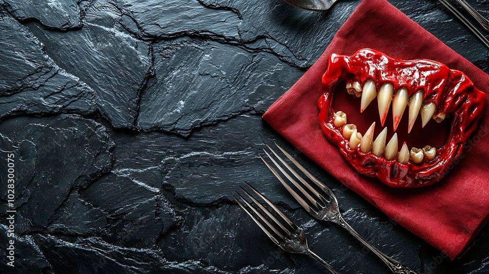 Poster halloween holiday table setting decoration with vampire teeth and red napkin black slate background 