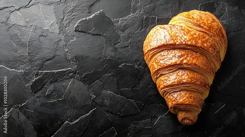 Poster fresh croissant on a black slate background top view copy space : generative ai