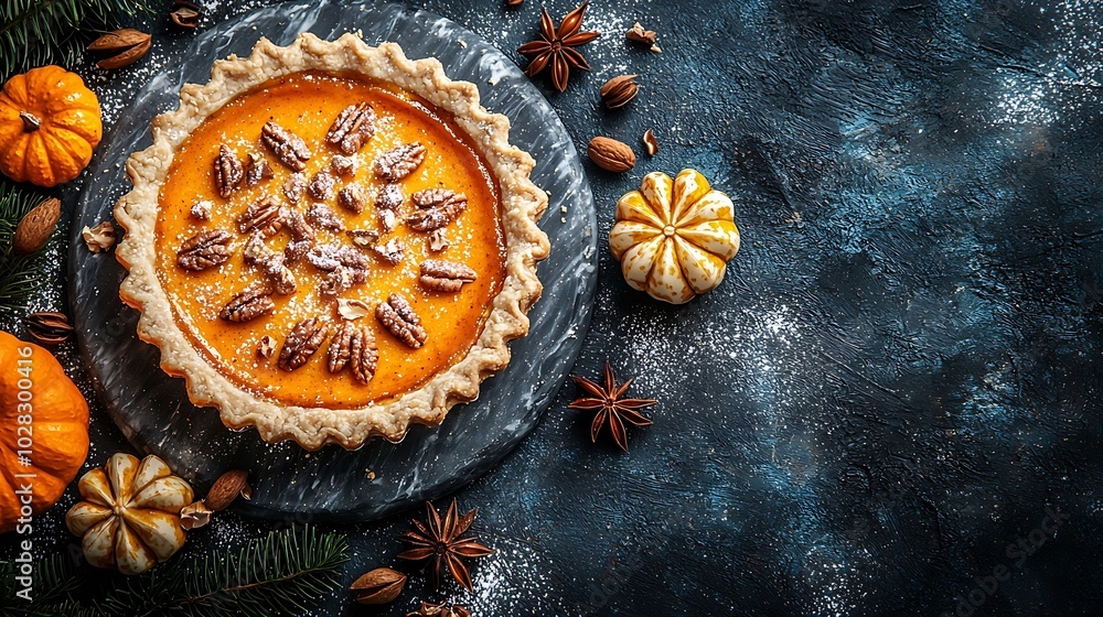 Poster Pumpkin pie on marble cutting board Dark background Copy space Top view : Generative AI