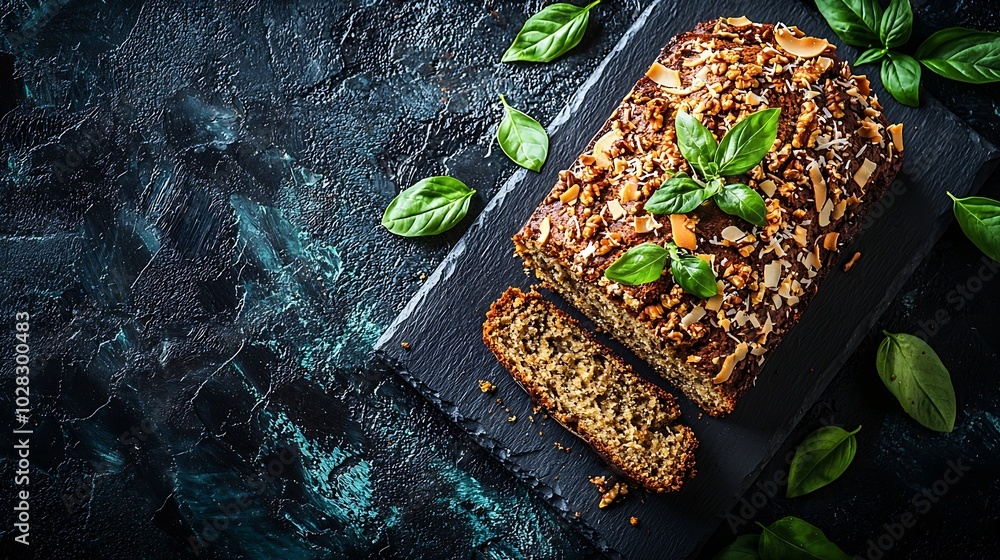 Poster banana coconut bread cake on slate board dark stone background : generative ai