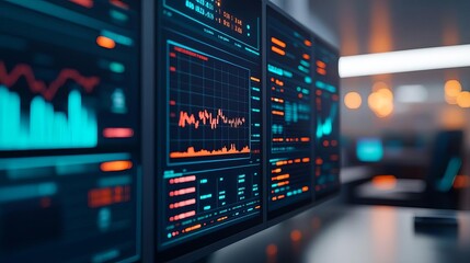 Digital finance visualization, holographic screens, sleek office, tech style