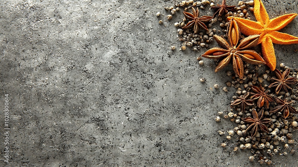 Poster spices for indian masala chai grey background close up top view : generative ai