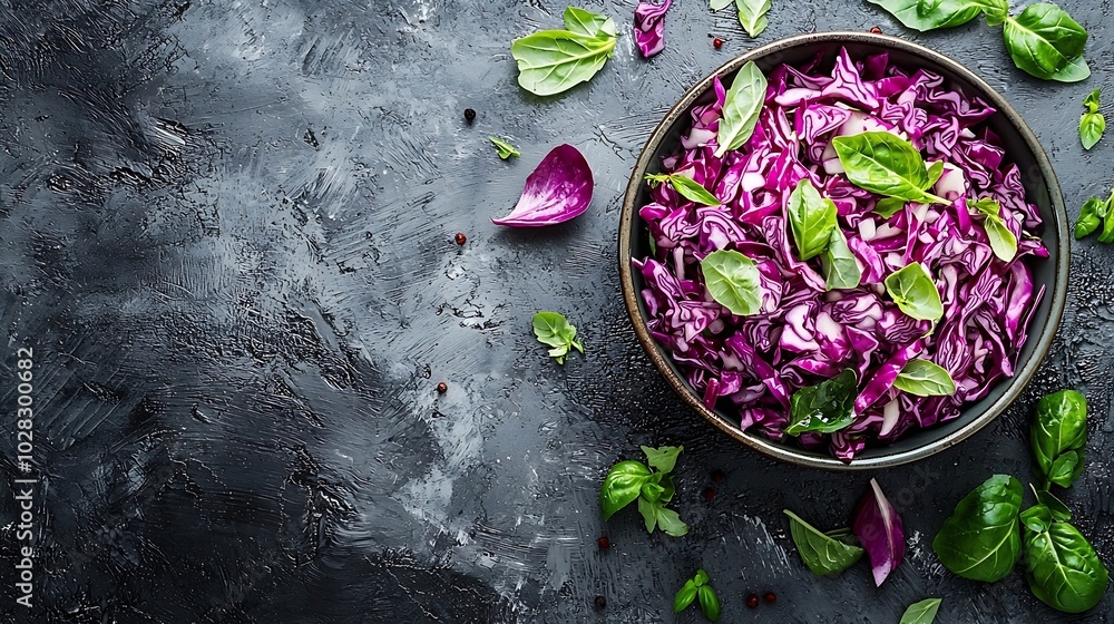 Poster red cabbage salad coleslaw in a bowl grey background top view : generative ai