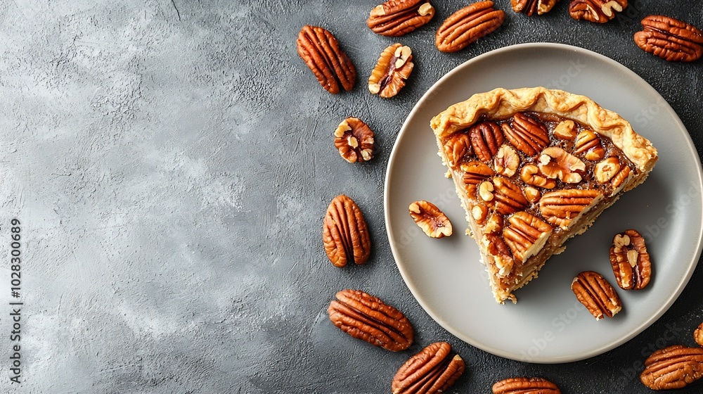 Poster pecan nut pie on a plate grey background copy space top view : generative ai