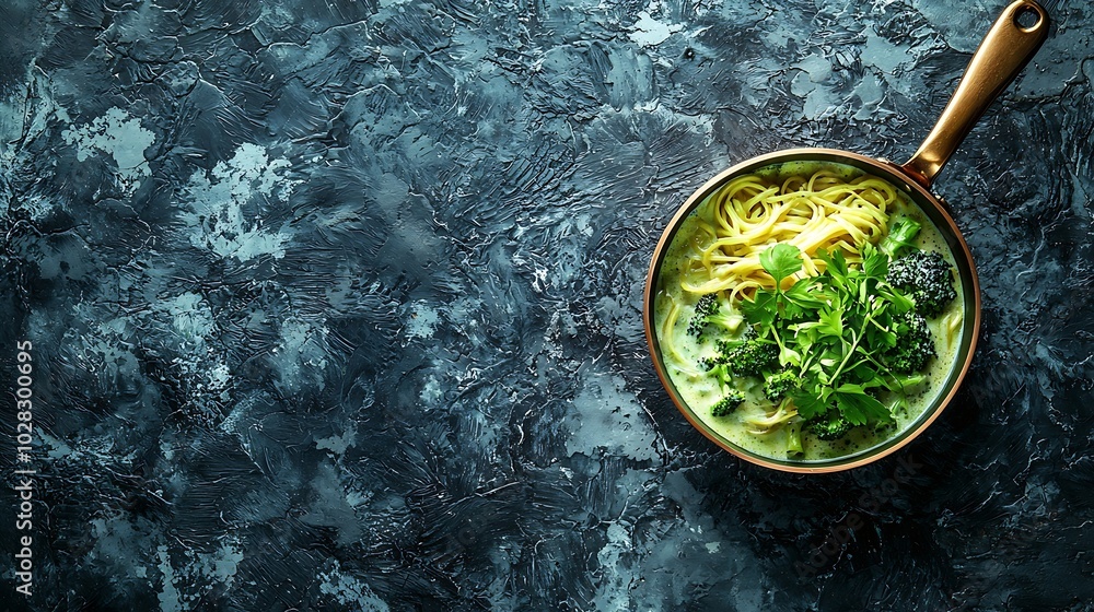 Aufkleber pasta with green vegetables and creamy sauce in copper saucepan grey stone background top view : gen