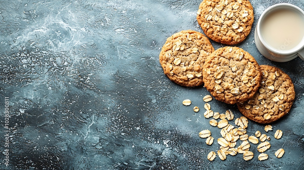 Aufkleber healthy vegan oat cookies with milk grey background copy space top view : generative ai