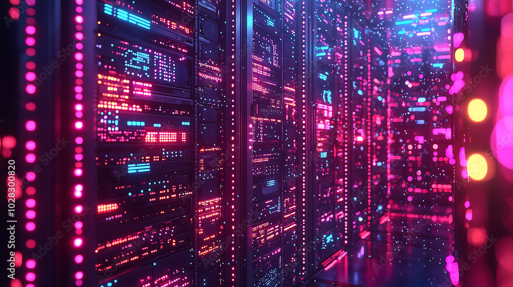 Aufkleber futuristic glowing server room with vibrant digital data flow and secure network system
