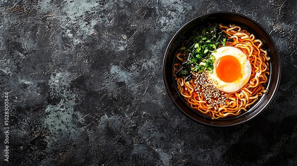 Poster noodles soba on slate background traditional japanese food top view copy space : generative ai