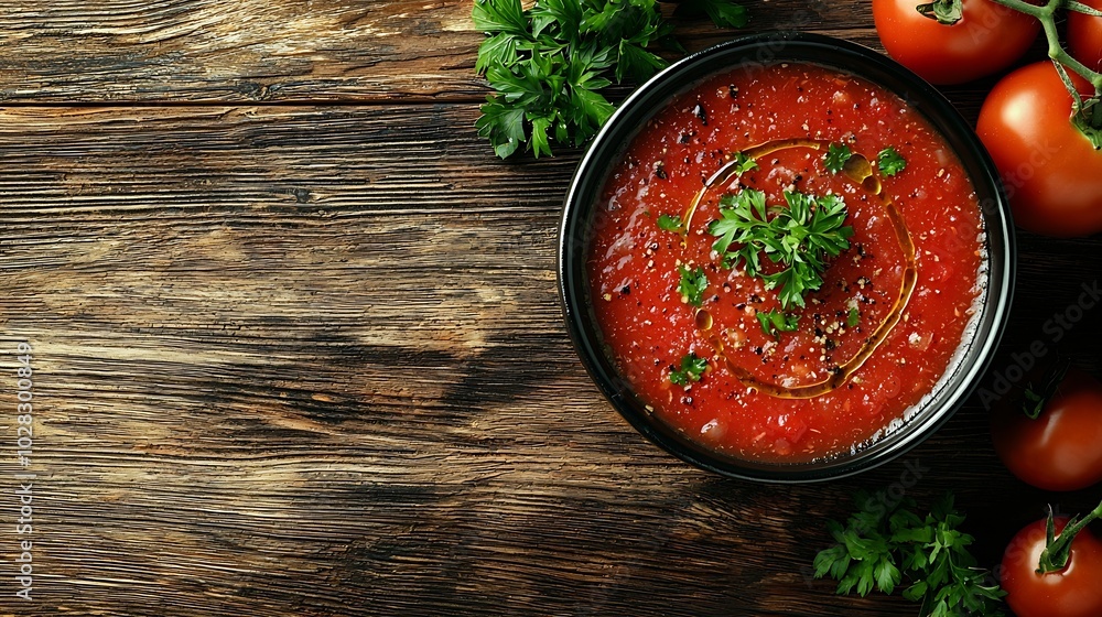 Poster tomato soup in a black bowl on wooden background top view copy space : generative ai
