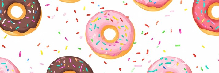 Colorful Donut Pattern, vibrant flat illustration featuring assorted donuts with sprinkles and frosting, playful design for various applications
