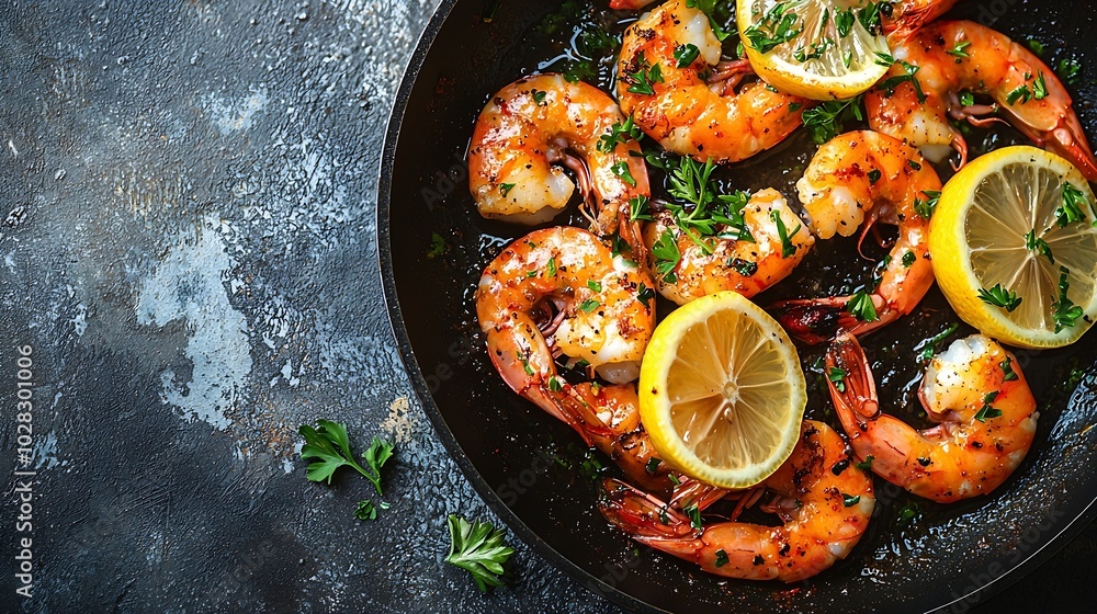 Aufkleber Prawns with lemon and fresh herbs in a black frying pan Stone background Top view : Generative AI