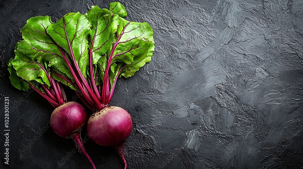 Poster beet beetroot bunch on grey stone background copy space top view : generative ai