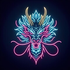 Dragon head animal in neon style, Portrait of glow light animal. minimal design